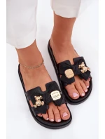 Klapki Damskie Z Kokardą I Złotą Broszką Czarne Lynara Klapki Damskie Z Kokardą I Złotą Broszką Czarne Lynara