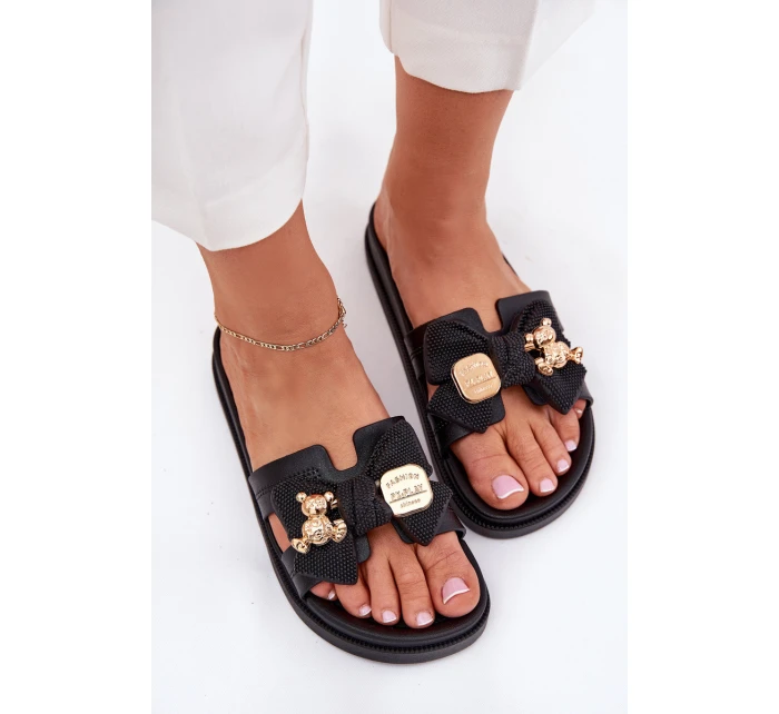 Klapki Damskie Z Kokardą I Złotą Broszką Czarne Lynara Klapki Damskie Z Kokardą I Złotą Broszką Czarne Lynara