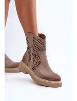 Zazoo 3470 Zamszowe Botki Damskie Na Płaskim Obcasie Ażurowe Cappuccino