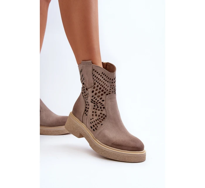 Zazoo 3470 Zamszowe Botki Damskie Na Płaskim Obcasie Ażurowe Cappuccino