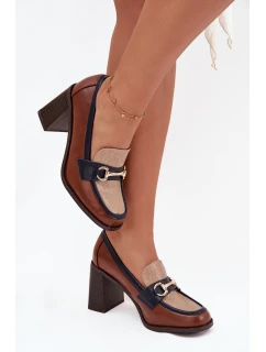 Półbuty Damskie Na Słupku Z Tłoczeniem I Złotym Detalem Beżowo-Brązowe Novella