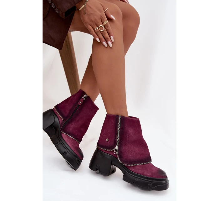 Skórzane Botki Damskie Z Wywiniętą Cholewką Maciejka 07145-23 Bordowe