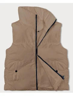 Tmavo béžová páperová dámska vesta so stojačikom (5M3150-84)