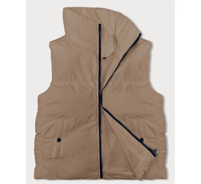 Dámska páperová vesta so stojatým golierom tmavo béžová (5M3150-84)