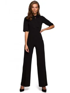model 15107135 Elegantní overal s vázáním u krku černý - STYLOVE