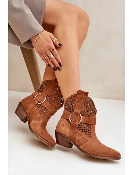 Semišové otvorené kovbojské topánky na podpätku Zazoo 2994 Camel