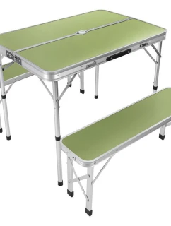 Skladací kempingový stôl 90x60x70 cm a 2 lavice 87x23x39 cm ZELENÁ