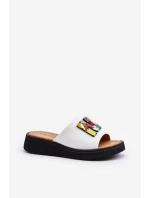 Skórzane Klapki Damskie Z Ozdobą Białe Asames