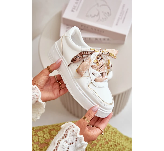 Sneakersy Damskie Na Platformie Z Ozdobnym Sznurowaniem Białe Mistra