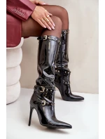 Lakierowane Kozaki Na Szpilce Z Klamrami Czarne Emiraethe