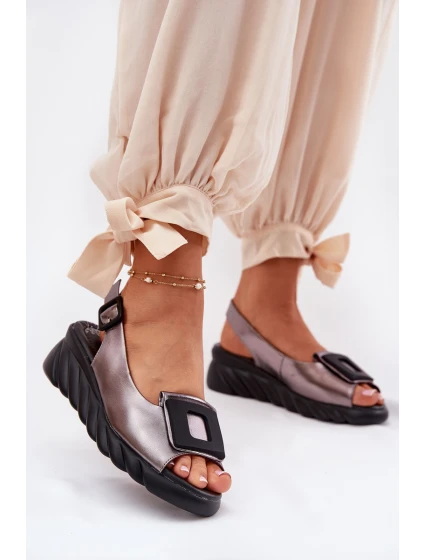 Dámské kožené sandály na platformě s ozdobou model 21693470 grafitové - Artiker