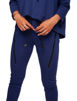 B240 Úzke pletené nohavice s ozdobnými zipsami - tmavo modré