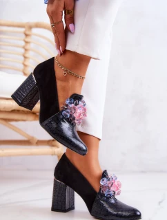 Zamszowe Wężowe Czółenka Na Słupku Czarne Sofie