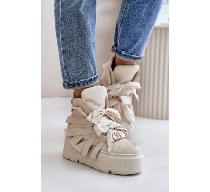 Skórzane Sneakersy Damskie Na Masywnej Platformie CheBello 4561 Beżowe