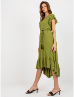Olivové šaty s volánom a pleteným opaskom