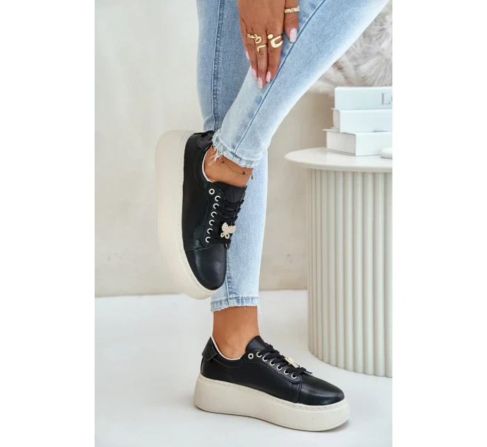 Dámske kožené tenisky na platforme s brošňou Vinceza Black
