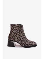 Skórzane Botki Damskie Na Klocku Ocieplane Panterka D&A CR52-622 Czarno-Złote
