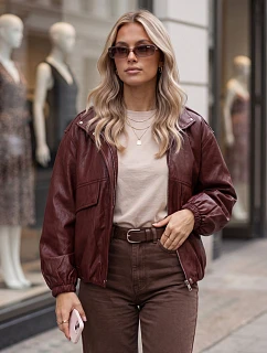 Dámska kožená bunda typu bomber na prechodné obdobie, vínová, FashionStreet TY6069
