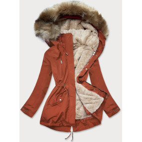 Rudo-svetlo béžová dámska zimná bunda s machovitým kožúškom (W553)