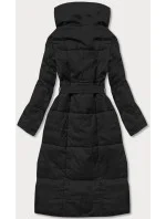 Čierny dámsky zimný kabát s opaskom (2M-061)