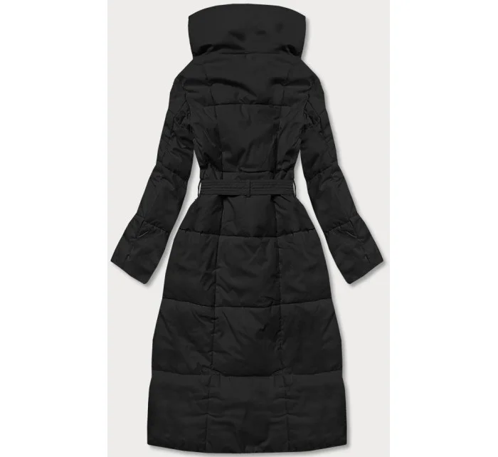 Čierny dámsky zimný kabát s opaskom (2M-061)