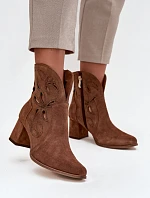 Zamszowe Ażurowe Botki Damskie Na Słupku Zazoo 3647 Brązowe