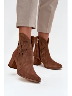 Zamszowe Ażurowe Botki Damskie Na Słupku Zazoo 3647 Brązowe