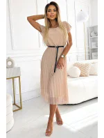 Béžové dámské plisované midi šaty s černým opaskem model 20162133 - numoco basic