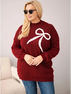 Dámský svetr Plus Size s přídavkem vlny s mašlí bordová