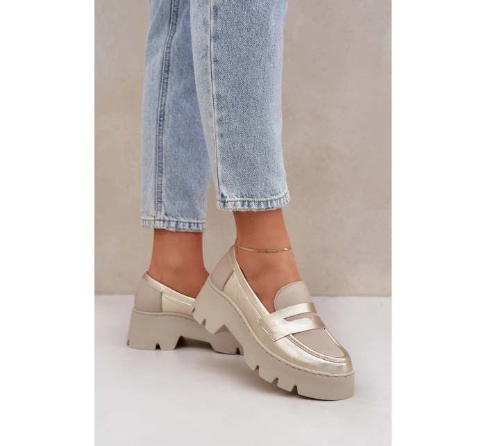 Skórzane Mokasyny Damskie Na Platformie I Płaskim Obcasie Zazoo 20191 Złote