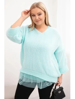 Dámská souprava svetr s výstřihem do V a viskózová blůza s krajkovým lemem mátová