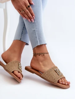 Płaskie Klapki Damskie Z Plecionką I Ozdobą Beżowe Omenna
