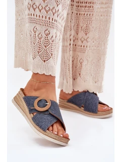 Klapki Damskie Na Koturnie Z Ozdobną Klamrą Inblu RV000012 Niebieskie