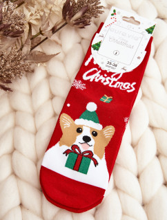 Dámske vianočné ponožky so psom, červené