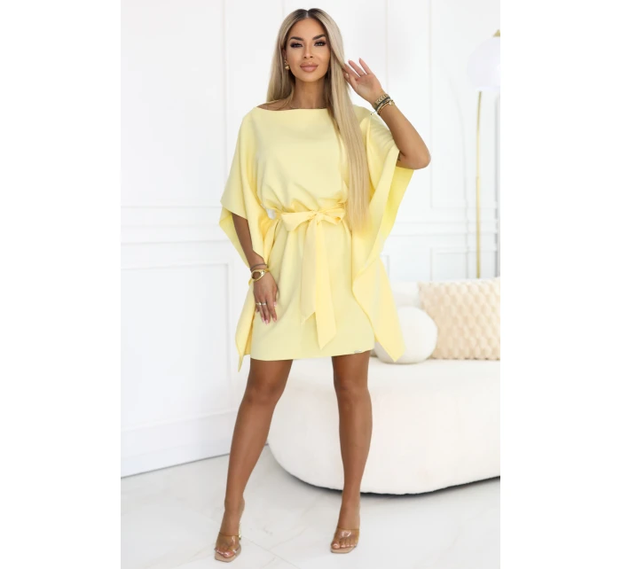 287-41 SOFIA Motýlie šaty so zaväzovaním v páse - pastelový citrón