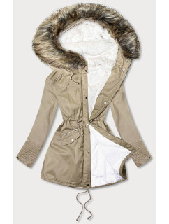 Béžová dámska zimná bunda parka s machovitým kožúškom as kapucňou (7602BIG)