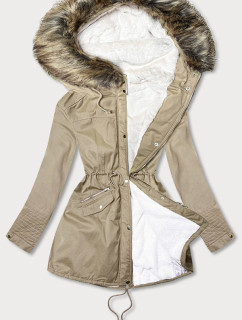 Béžová dámska zimná bunda parka s machovitým kožúškom as kapucňou (7602BIG)