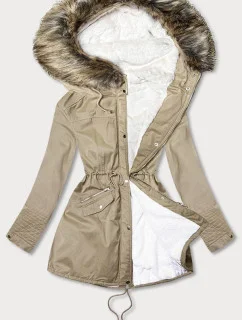 Béžová dámska zimná bunda parka s kožušinovou podšívkou a kapucňou (7602BIG)