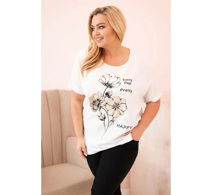 Dámská blůza Plus Size z viskózy s květinovým potiskem a nápisem ecru