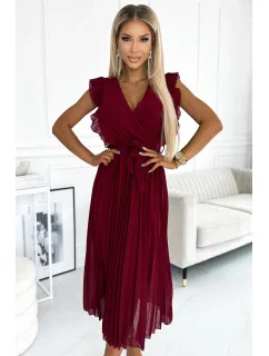 Plisované dámské šaty v vínové barvě s výstřihem a páskem model 21819820 - numoco basic