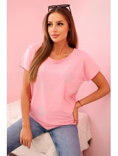 Dámská blůza s krátkým rukávem a zirkony světle růžová