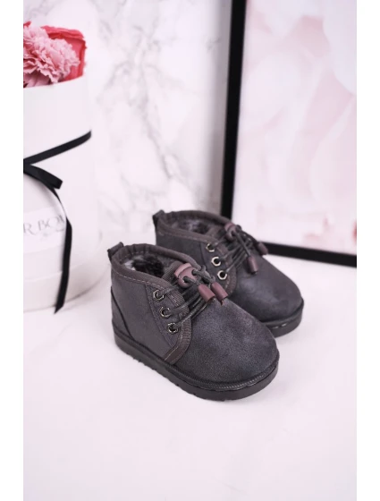 Dziecięce Sznurowane Śniegowce Ocieplone Futerkiem Szare Hunter