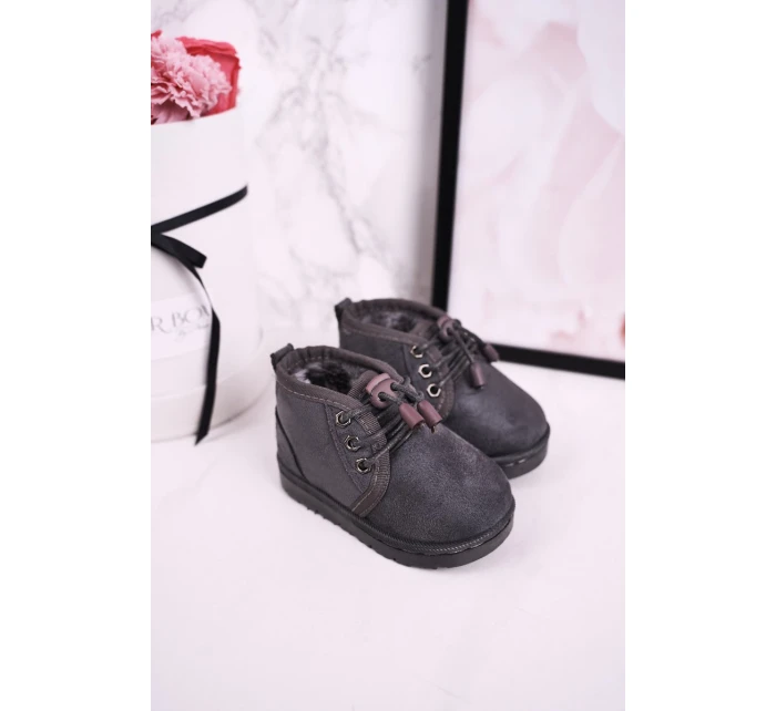 Dziecięce Sznurowane Śniegowce Ocieplone Futerkiem Szare Hunter