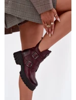 Skórzane Ocieplane Botki Damskie Z Klamrami I Ozdobnym Detalem Zazoo 60482 Bordowe