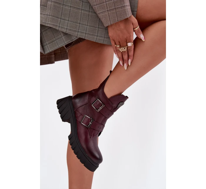 Skórzane Ocieplane Botki Damskie Z Klamrami I Ozdobnym Detalem Zazoo 60482 Bordowe