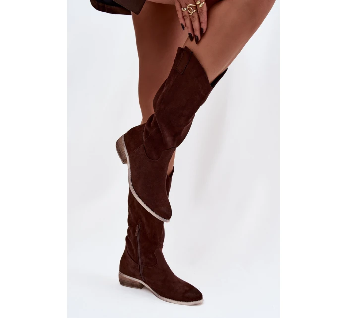 Kozaki Kovbojky Na Nízkém Podpatku Z Eko Semiše Čokoládové Cherrie Kozaki Kovbojky Na Nízkém Podpatku Z Eko Semiše Čokoládové Cherrie