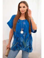 Dámske bavlnené tričko s kvetinovým vzorom chrpovo modré