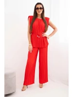 Dámska plisovaná súprava z viskózy s viazanou blúzkou a širokými nohavicami červená