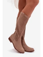 Dámské kozačky s krajkovým vzorem na plochém podpatku model 21998027 Béžové - S.Barski