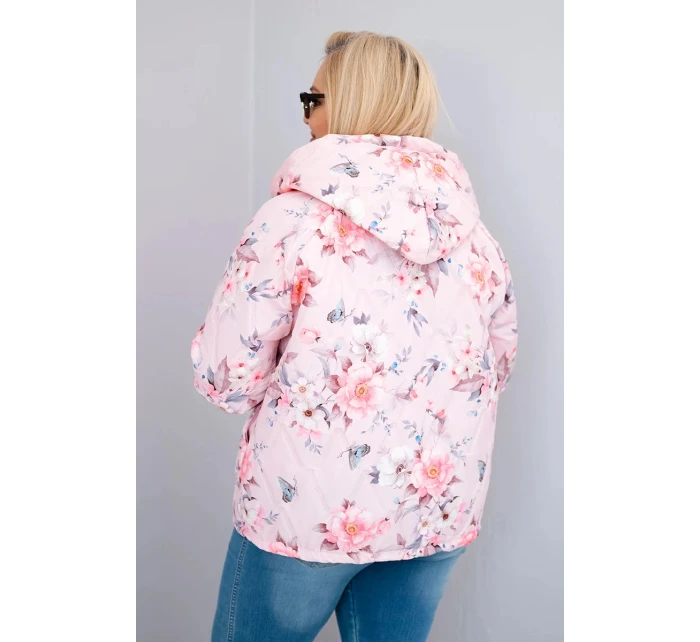 Dámska jarná prešívaná bunda s kapucňou a kvetinovým vzorom Powder Pink